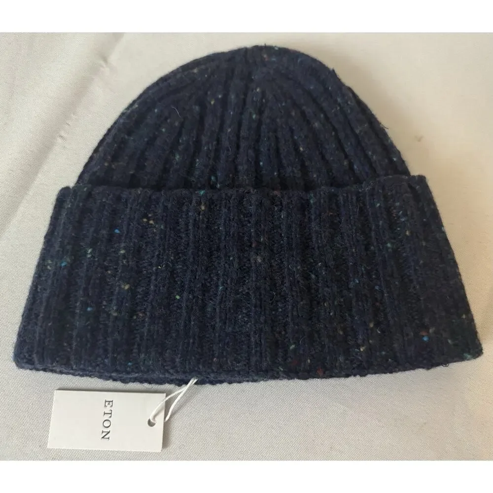 NWT Eton Navy Blue Donegal Leather Logo Patch Wool Beanie $150.00 *2026 Style*